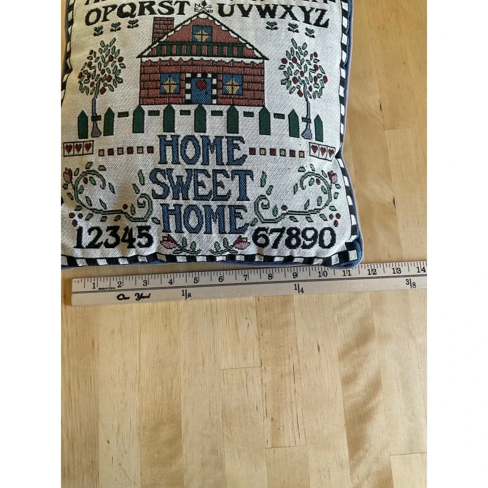 Vintage Home Sweet Home Sampler Woven Tapestry Throw Pillow Folk Art Blue 11x12